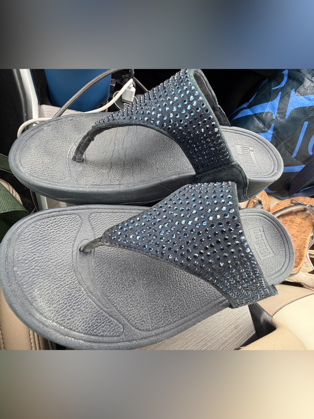 Fit Flops Navy Rhinestone Embellished Thong Sandals 6